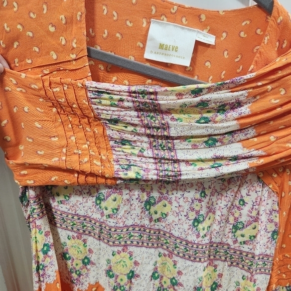Anthropologie Maeve Ceresco Orange Floral Pleated Peasant Top 🌼 Small  ‎ 💖 - Picture 7 of 11